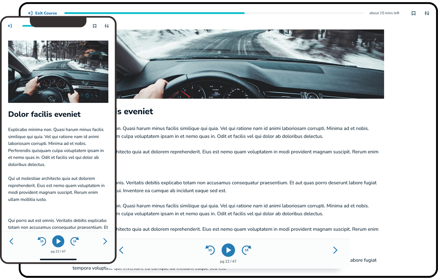 Universal course player interface with voiceover, bookmarks, speed controls, and time estimates